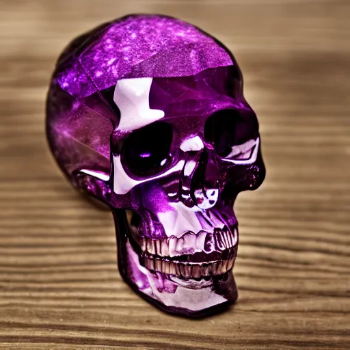 Prompt: high quality photo of crystal amethyst skull, photography 4k, f1.8 anamorphic, bokeh, 4k, Canon, Nikon