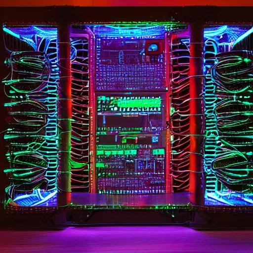 Prompt: a modular synthesier designed by giger with glowing leds and colorful cables, product photo, dark background