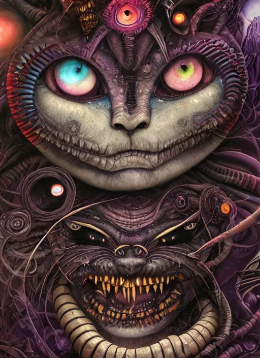 Image similar to cheshire cat, aztec god, alien, highly detailed, cinematic, 8 k, by megan duncanson, benjamin lacombe, adrian borda, stanley artgermm, tom bagshaw, craig mullins, carne griffiths, ayami kojima, beksinski, giger, trending on deviantart, hyper detailed, horror, full of colour