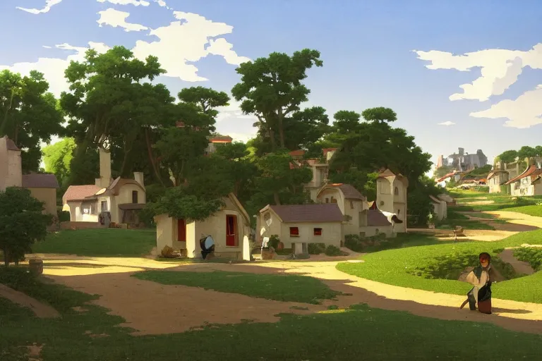 Prompt: a beautiful landscape of a futuristic science fiction village with curved houses in the french countryside during spring season. highly detailed painting by studio ghibli hd and william adolphe bouguereau hd. nice afternoon lighting, smooth tiny details, soft and clear shadows, low contrast, perfect
