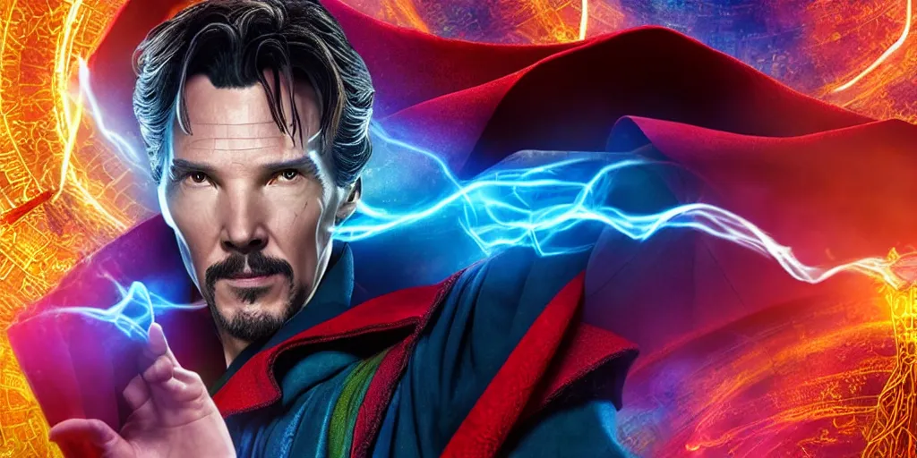 Image similar to doctor strange with the face of waya steurbaut hero combination rainbow glowing suite high resolution film render 100k, photo realistic, epic, colourful close up shot