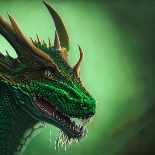 Image similar to realistic, portrait, painting, large green dragon, kodachrome, cgi, hd, detailed