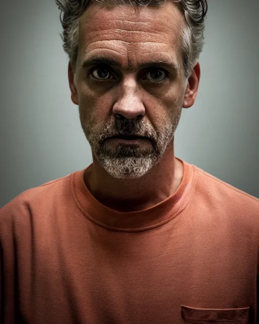 Prompt: prison mugshot of jordan peterson, bright flash, orange prison shirt, low saturation, somber expression, filthy hair, rugged textured face, soft vignette, soft focus, 5 0 mm, 4 k, nypd