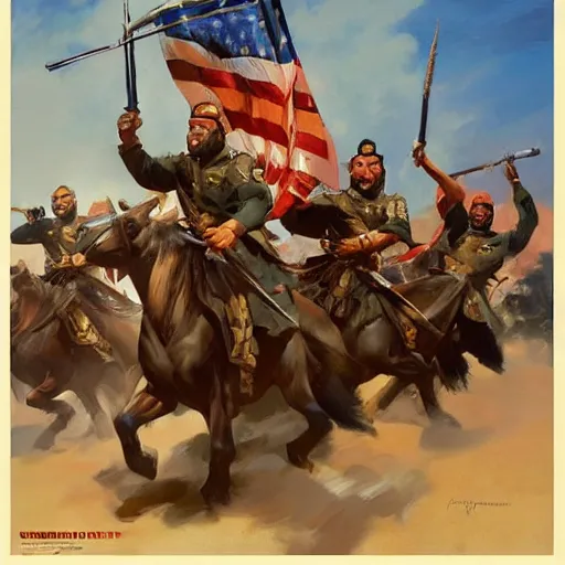 Image similar to greg manchess painting of a propganda poster of a group of men charging at the enemy wearing military uniform, painting, trending on artstation, by huang guangjian and gil elvgren and sachin teng