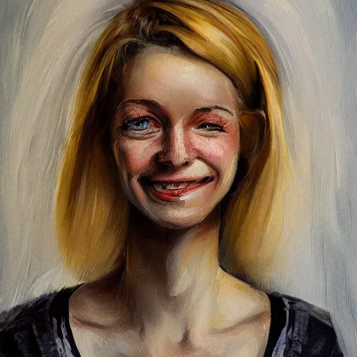 Image similar to portrait painting of woman from scandinavia, 2 0, years old, blonde hair, daz, occlusion, smiling and looking directly, brushstrokes, white background, art by enki bilal