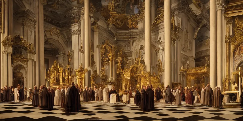 Image similar to beautiful oil matte painting, priests holding a church ceremony inside a baroque cathedral, wonderful masterpiece highly detailed, beautiful cinematic light deep focus, elegant, digital painting, smooth, sharp focus, golden ratio, dramatic illumination, ultra realistic, 8 k, art by giovanni bellini and caravaggio