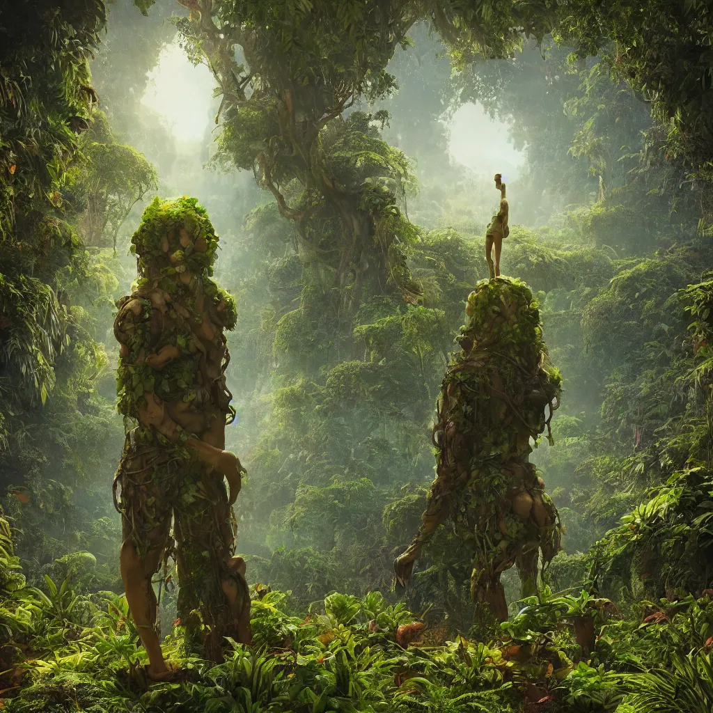 Image similar to giant anonymous statue, beautiful jungle landscape, beautiful vines growing, in the style of beeple and mike winkelmann, intricate, epic lighting, cinematic composition, hyper realistic, 8 k resolution, unreal engine 5, raytracing, reflections, happy colors