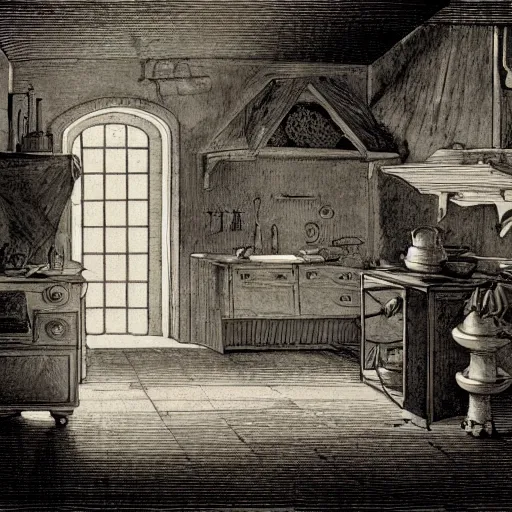 Image similar to kitchen of an abandonded house, illustration by Gustav Doré, Chiaroscuro, dramatic light