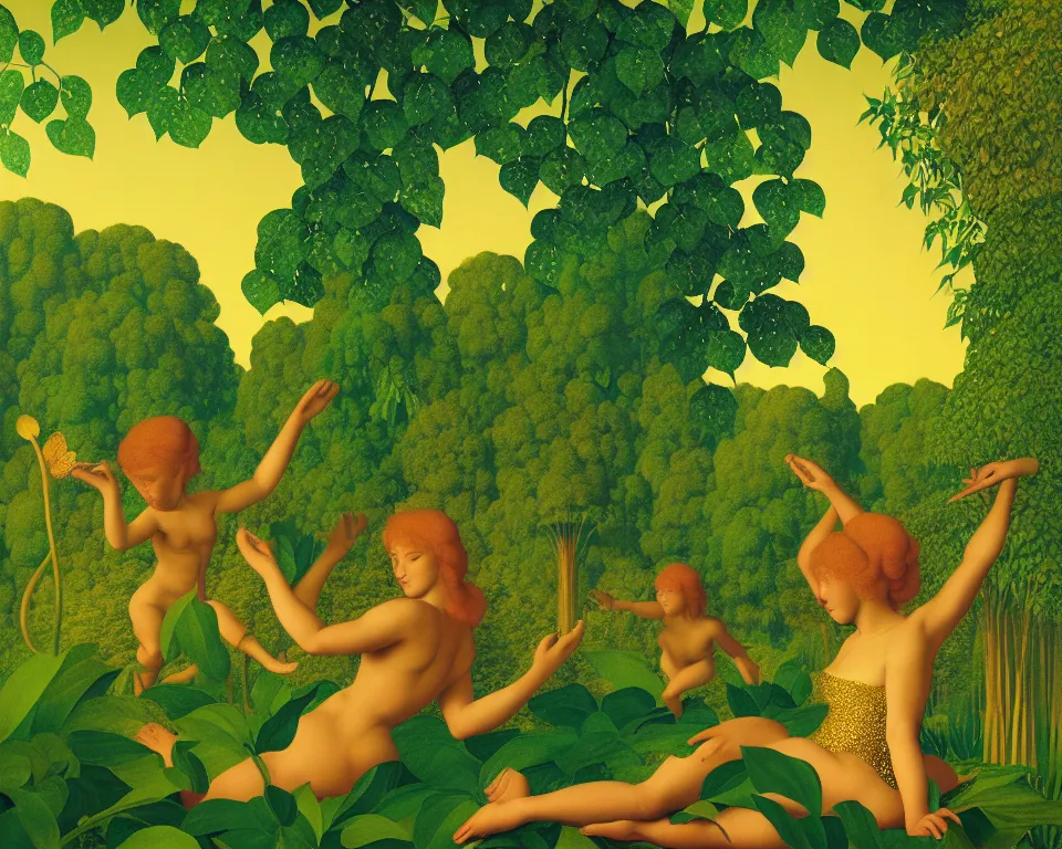 Image similar to an achingly beautiful print of golden scales in the middle of the jungle by Raphael, Hopper, and Rene Magritte. detailed, romantic, enchanting, trending on artstation.