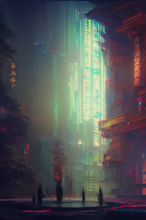 Prompt: outdoor footage of cyberpunk temple, leds, reflections, extremely detailed digital painting, in the style of fenghua zhong and ruan jia and jeremy lipking and peter mohrbacher, mystical colors, rim light, beautiful lighting, 8 k, stunning scene, raytracing, octane, trending on artstation