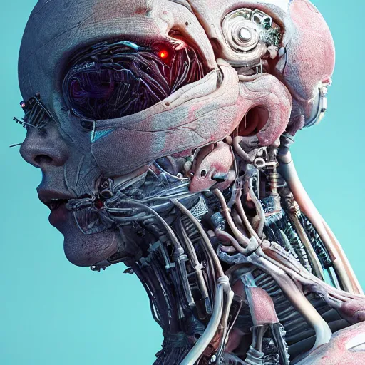 Image similar to biopunk cyborg awakening highly detailed anatomy in the style of beeple, award winning, cg society, unreal engine, photorealistic, hyperrealism, intricate