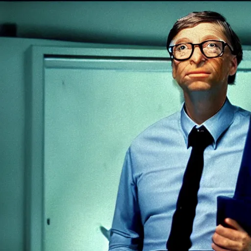 Prompt: a film still of Bill Gates turning slowly into a fly from the movie The Fly, promotional photo