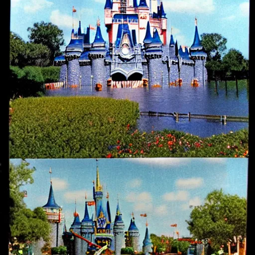 Prompt: a postcard of disneyworld in 2100 that shows the magic kingdom castle flooded with weeds growing and air boat tour through flooded structures