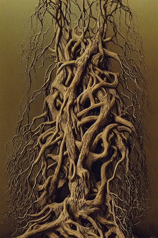 Image similar to zdzisław beksinski painting. tangling tree restraining a woman, highly detailed, many roots, disturbing, unsettling, intricate, beautiful