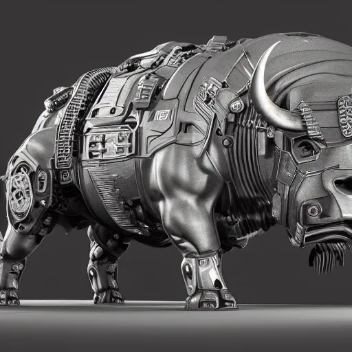 Prompt: a cybertronic buffalo-bull, leds, high detail, sharp, studio, digital art, octane render, redshift, blender-hard-surface, cinema-4d, houdini-hard-surface, machin3, mx2