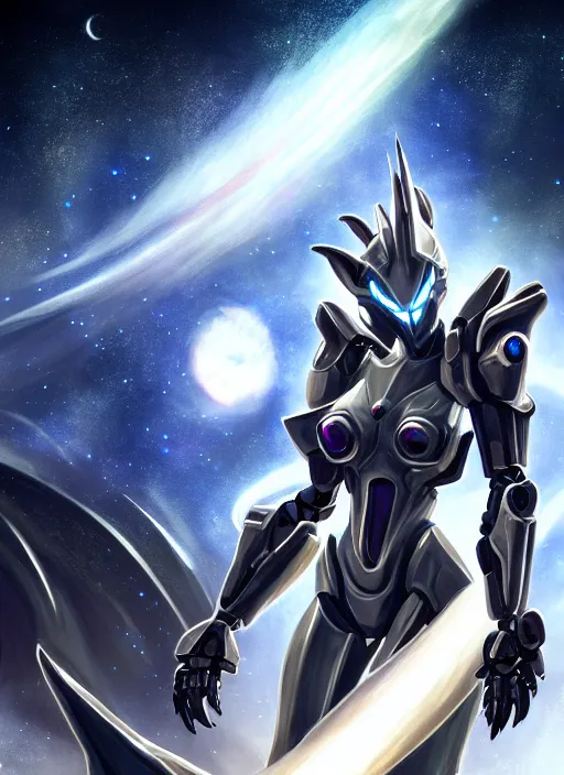 Image similar to cinematic goddess shot, cosmic sized perfectly proportioned stunning beautiful anthropomorphic robot mecha female dragon, space background, larger than galaxies, holding milky way in sharp claws, sleek silver armor, epic proportions, epic size, epic scale, ultra detailed digital art, furry art, macro art, dragon art, giantess art, warframe fanart, furaffinity, deviantart