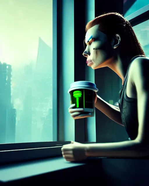 Image similar to a terminator cyborg lady with borg implants is drinking coffee near a window with dystopian city visible outside. tiny green led lights in her cybernetics. very detailed 8 k. horror cyberpunk style.