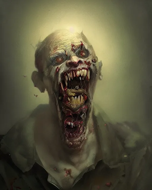 Image similar to hyper realistic photo portrait laughing crazy zombie cinematic, greg rutkowski, james gurney, mignola, craig mullins, brom