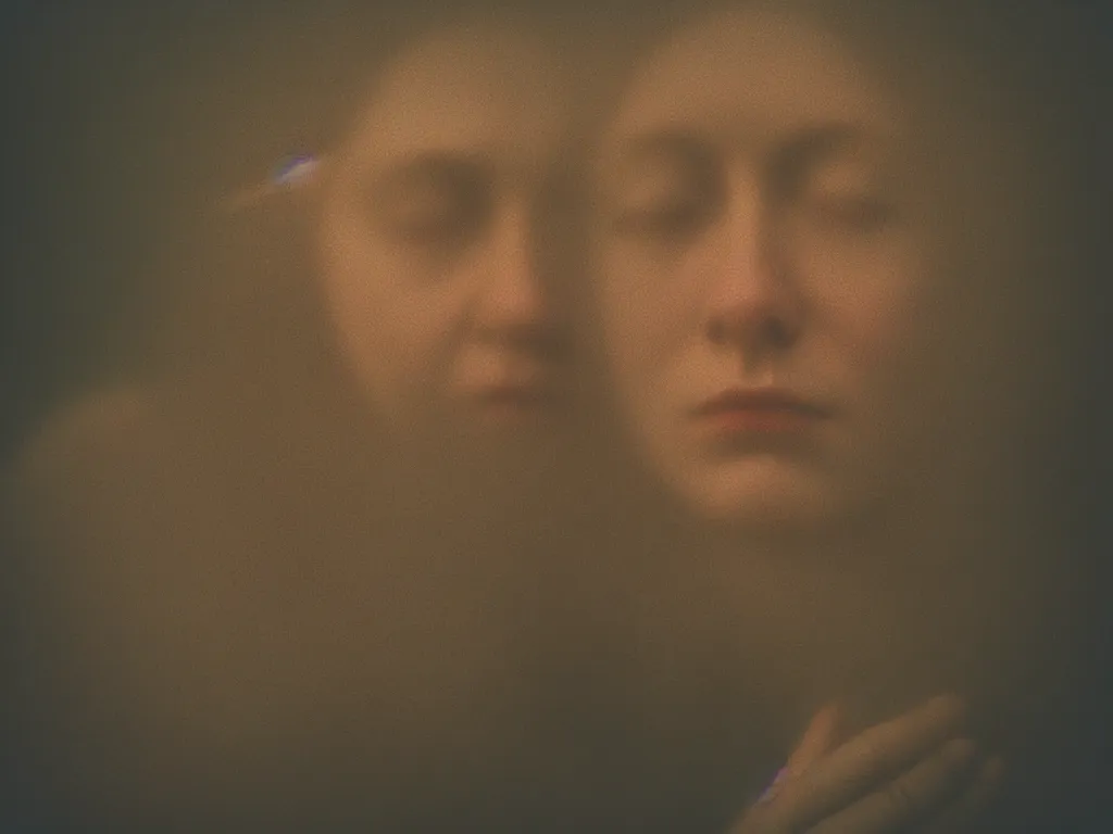 Prompt: close up portrait bust of woman, solemn expression, faded color film, russian cinema, tarkovsky, kodachrome, heavy forest, wood cabin in distance, deep depth of field, long brown hair, old clothing, heavy fog, atmospheric haze, brown color palette, sunset, low light, hudson river school, 4 k, dramatic lighting