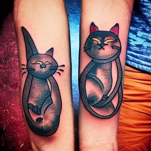 Image similar to two cats holding each other's tail, circle design, tattoo design, inking on skin, designed by Android Jones