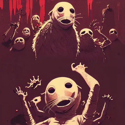 Image similar to highly detailed metal album cover featuring a white baby seal muppet in a mosh pit by atey ghailan, by greg rutkowski, by greg tocchini, by james gilleard, by joe fenton, by kaethe butcher, gradient red, black, brown and white color scheme, grunge aesthetic!!! white graffiti tag wall background