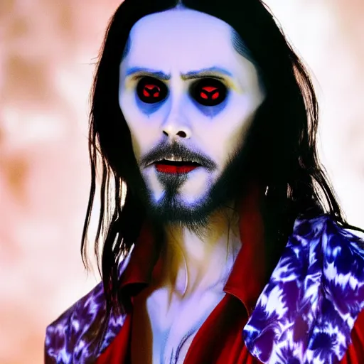 Prompt: Morbius The Living Vampire (Jared Leto) wearing a Hawaiian shirt and swim trunks