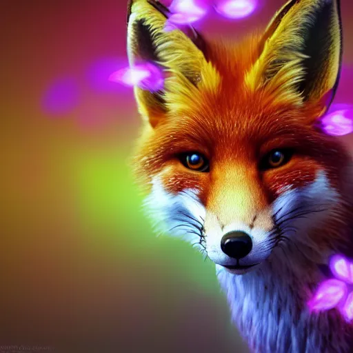 Image similar to Photorealistic magical fox with flowers. Hyperdetailed photorealism, 108 megapixels, amazing depth, glowing rich colors, powerful imagery, psychedelic Overtones, 3D finalrender, 3d shading, cinematic lighting, artstation concept art