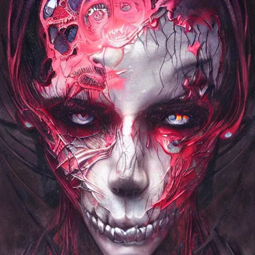 Image similar to portrait of Grimm Reaper, cameras, melting ,8k,by tristan eaton,Stanley Artgermm,Tom Bagshaw,Greg Rutkowski,Carne Griffiths, Ayami Kojima, Beksinski, Giger,trending on DeviantArt,face enhance,hyper detailed,minimalist,cybernetic, android, blade runner,full of colour