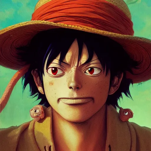 Image similar to highly detailed vfx portrait of monkey d. luffy, stephen bliss, greg rutkowski, loish, rhads, beeple, makoto shinkai, tom bagshaw, alphonse mucha, global illumination, sharp focus, art by artgerm and greg rutkowski, stanley kubrick, best of behance, cinematic lighting