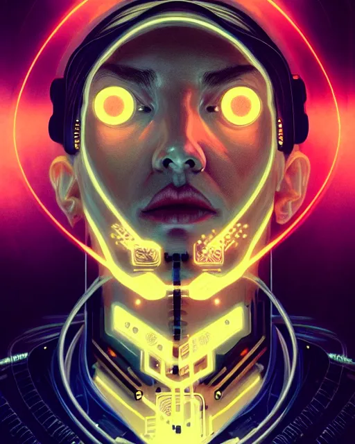 Image similar to symmetry!! centered, head on portrait of a man with face tattoos, sci - fi -, cyberpunk, blade runner, glowing lights, tech, biotech, techwear!! intricate, elegant, highly detailed, digital painting, artstation, concept art, smooth, sharp focus, illustration, art by artgerm and greg rutkowski and alphonse mucha