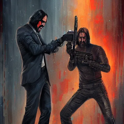 Prompt: an angry john wick in a shootout with a giger alien in the city streets, raymond swanland and magali villeneuve detailed digital painting