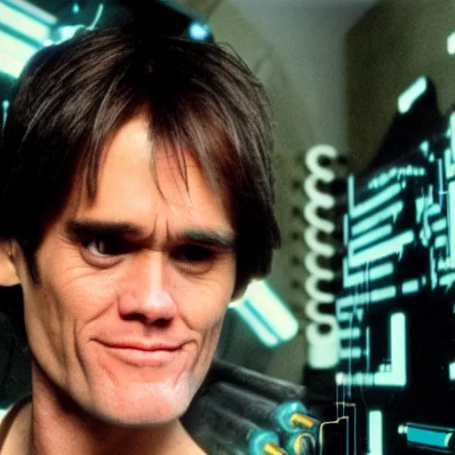 Image similar to very wellmade photo of young Jim Carrey as a scifi futuristic cyberpunk hacker