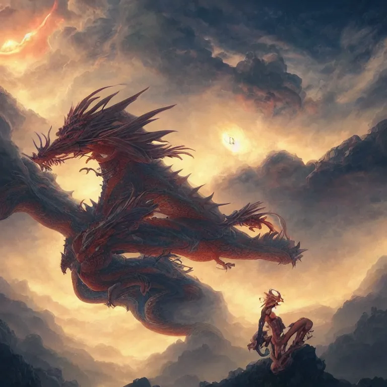 Image similar to dragon, fire, floating city on clouds, by wayne barlowe, peter mohrbacher, kelly mckernan, epic scene, 4 k, fantasy, colorful, environment, highly detailed, video game