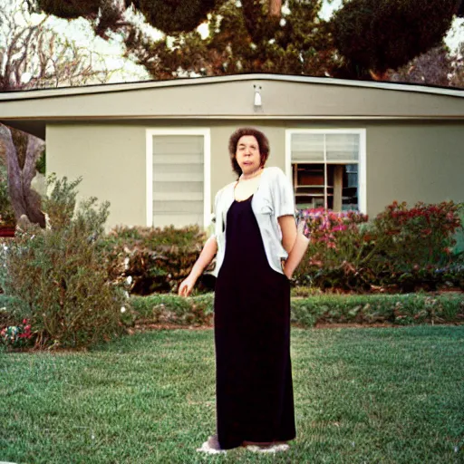 Prompt: an analog portrait photograph of a woman outside hersuburban california house, portrait, zeiss 3 5 mm lens, kodak portra 4 0 0 film photography, photograph head and shoulders portrait