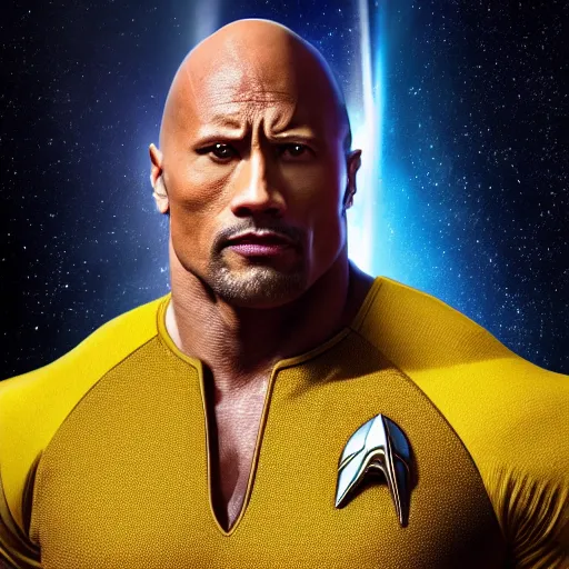 Image similar to a full body portrait of dwayne johnson as a star fleet officer from star trek next generation, ultra rendered extreme realism and detail, 8 k, highly detailed, realistic, completely framed, hyper realistic, colorful, direct lighting, 3 5 mm photo, photorealistic, sharp focus