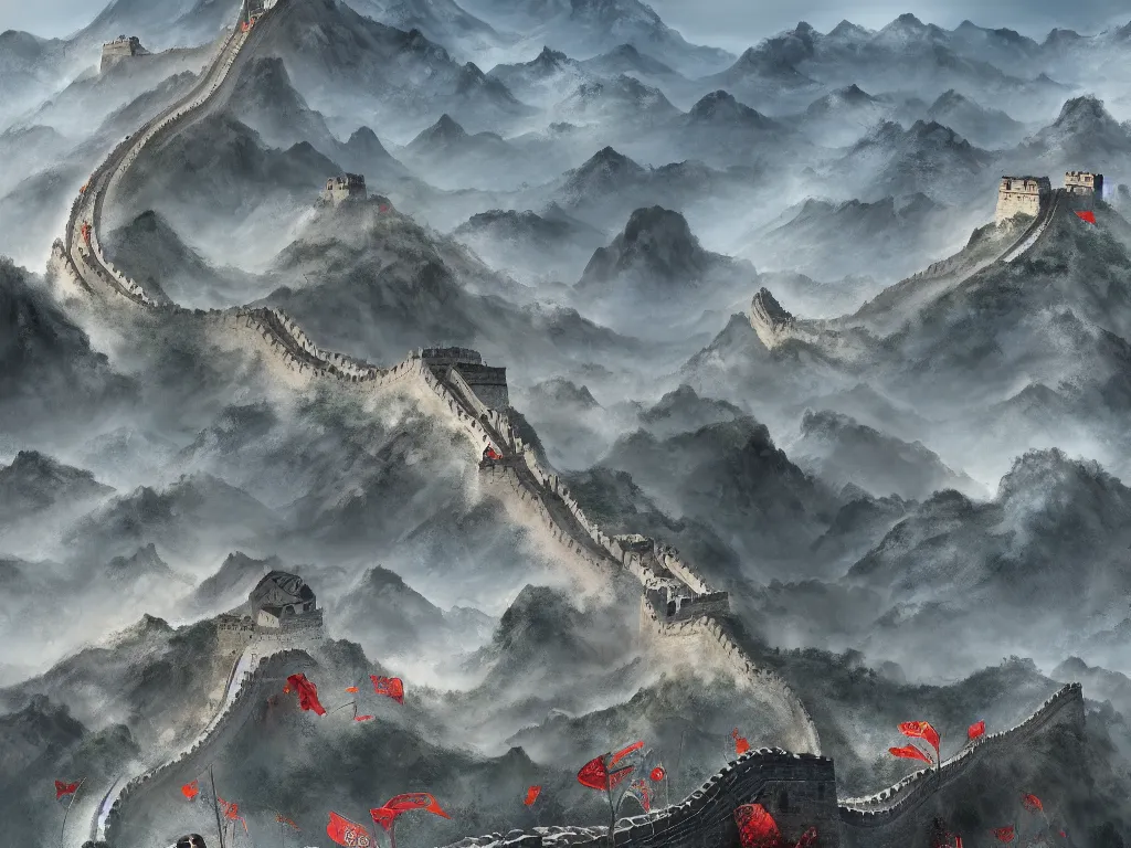 Image similar to advanced high technology version of the great wall of china with robot guards, digital painting, trending on artstation, deviantart, 8k, epic composition, intrinsic details, perfect coherence