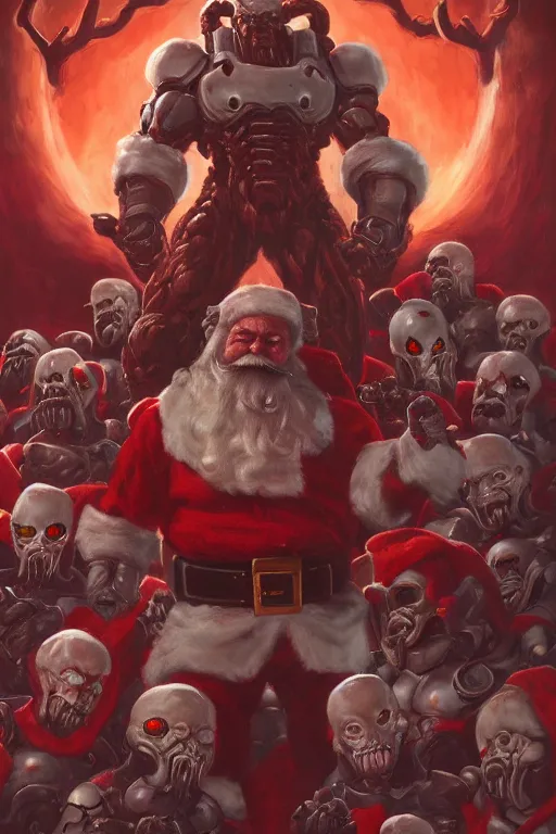 Prompt: ( doom ) cover featuring santa!! claus!! surrounded by demons, by jimmy presler, artstation, vivid gaze