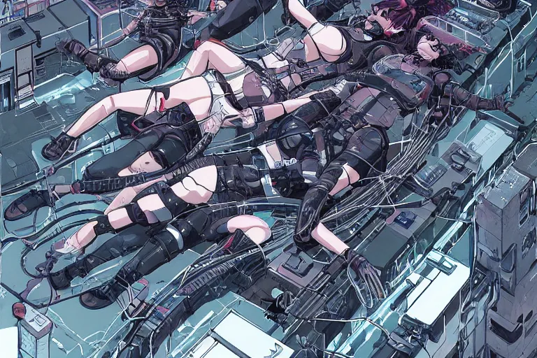 Prompt: a cyberpunk illustration of a group of three coherent female androids in style of masamune shirow, lying on an empty, white floor with their bodies broken scattered rotated in different directions and cables and wires coming out, by yukito kishiro and katsuhiro otomo, hyper-detailed, intricate