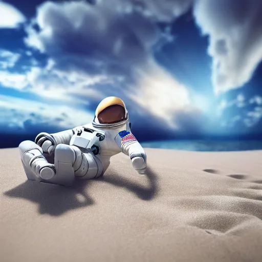 Image similar to an astronaut lounging in the beach, dramatic lighting, cinematic, extremly high detail, photorealistic, cinematic lighting,