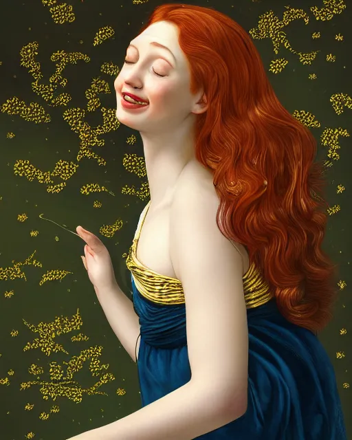 Image similar to a happy, modern looking young woman looking over shoulder, wonderful detailed dress, among the lights of golden fireflies and nature, long loose red hair, intricate details, green eyes, small nose with freckles, triangle shape face, smiling, golden ratio, high contrast, hyper realistic digital art by artemisia lomi gentileschi and caravaggio and artgerm.