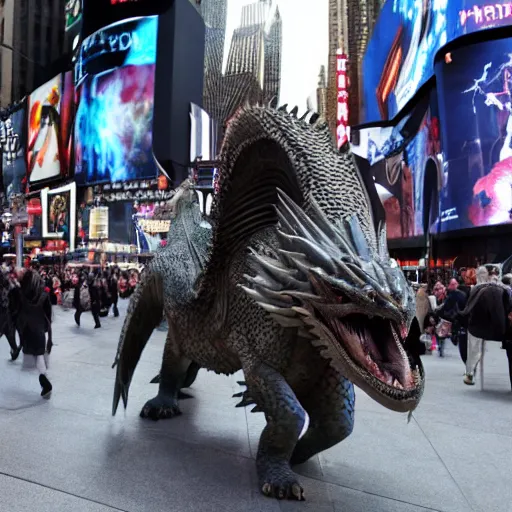 Image similar to game of thrones Daenerys riding a dragon in new york time square