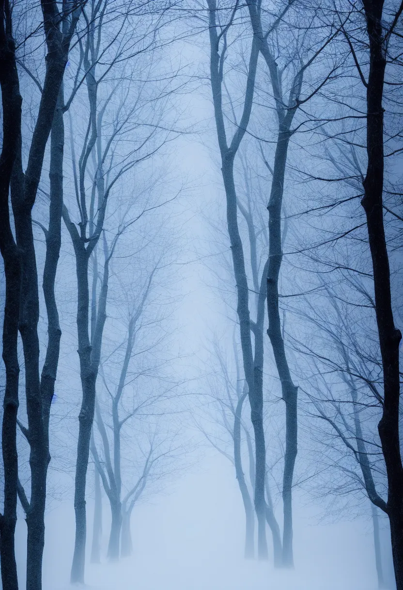 Image similar to eerie photo of a path in the middle of a frozen winter morning spooky forest, treelined, fog, award winning photography, anamorphic lens, f 2. 0, mystical, ultra high definition, ultra detailed,