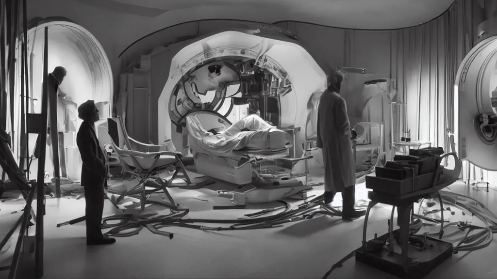 Image similar to an mri section of james cavell in the living room, film still from the movie directed by denis villeneuve with art direction by salvador dali, wide lens