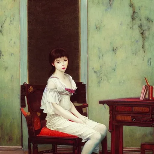 Image similar to painting by frederic edwin church, balaskas christoper, conrad roset, coby whitmore, and chie yoshii. of a pretty cute kawaii japanese girl sitting on antique chair leaning against a desk, sideview, victorian room