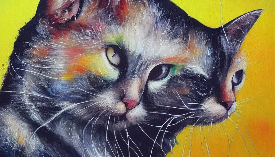 Prompt: cat, painting on canvas, watedrops, water droplets, acrylic painting, acrylic pouring, painting, influencer, artstation - h 8 0 0