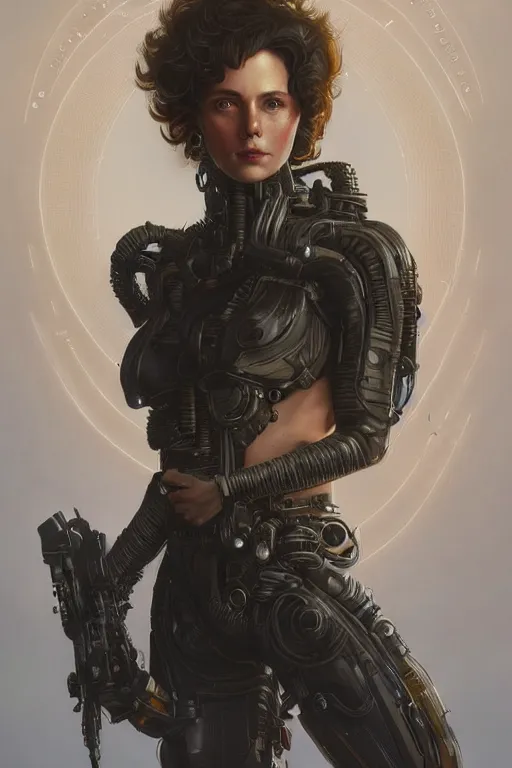 Image similar to full body portrait of Ripley, sci fi, synthwave, cyberpunk, intricate, elegant, highly detailed, digital painting, artstation, concept art, smooth, sharp focus, illustration, art by artgerm and greg rutkowski and alphonse mucha