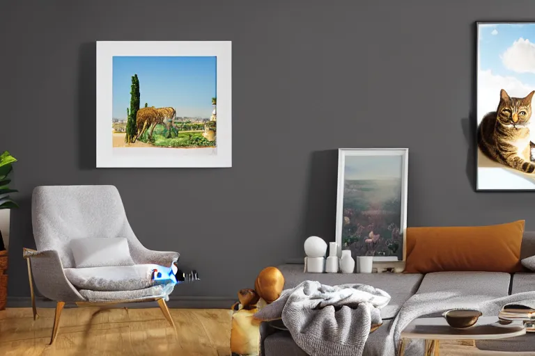 Prompt: Photography of Cat in modern Provence style room, photorealism,