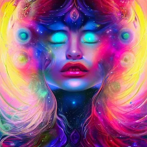 Image similar to a portrait of kim petras with her eyes closed, galaxy colored psychedelic chakra awakening kundalini ethereal vibes, transcending to a higher plane of existence, eternal blessing, multiverse, by android jones, by ben ridgeway, visionary art, by artgerm, featured on artstation, cgsociety, by greg rutkowski