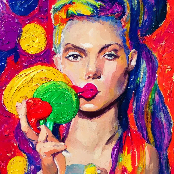 Image similar to portrait of beautiful woman licking a lollipop painted with colorful gouache impasto