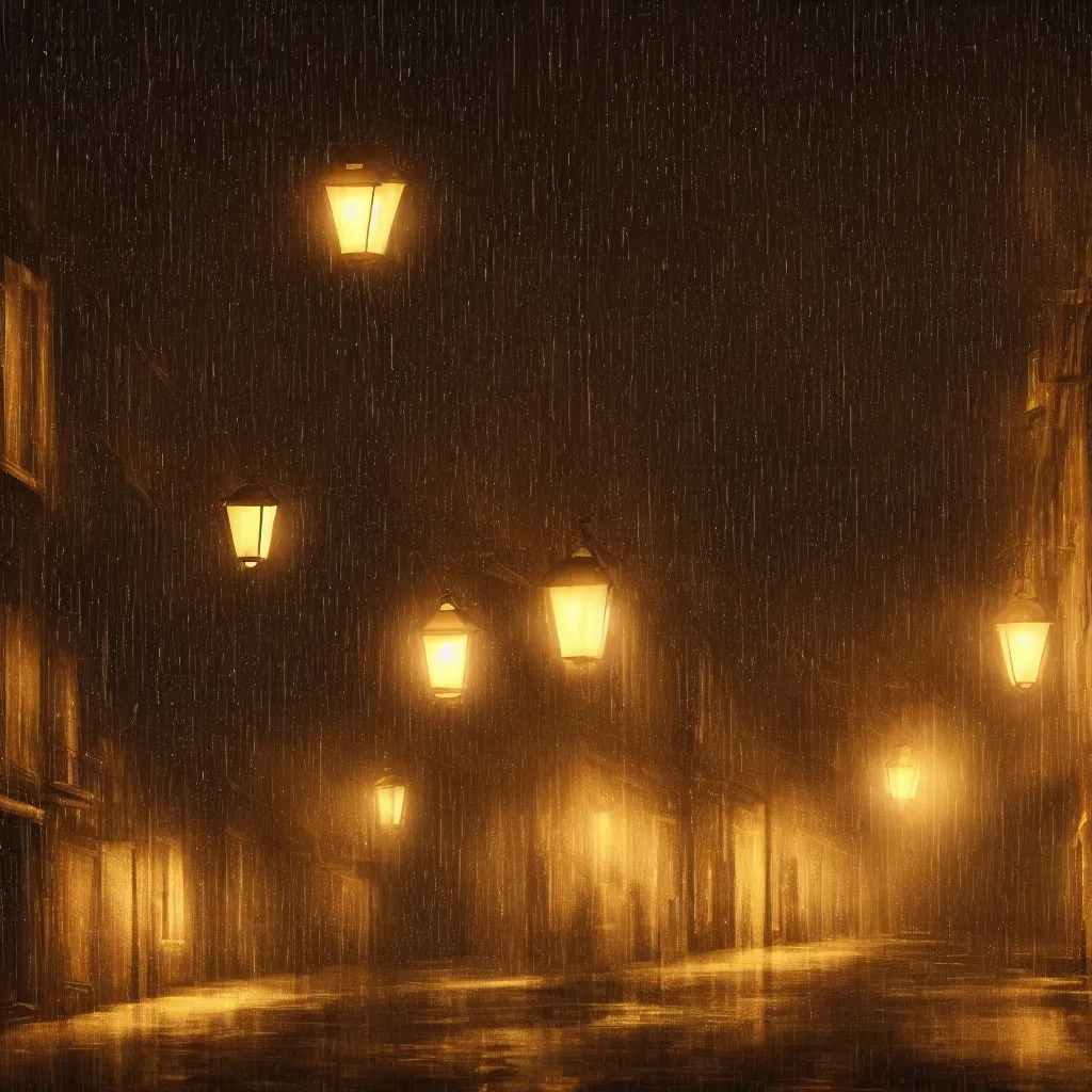 Image similar to a beautiful dark rural city ally at night, there are lanterns reflecting in the cold rain, trending on artstation, 4k